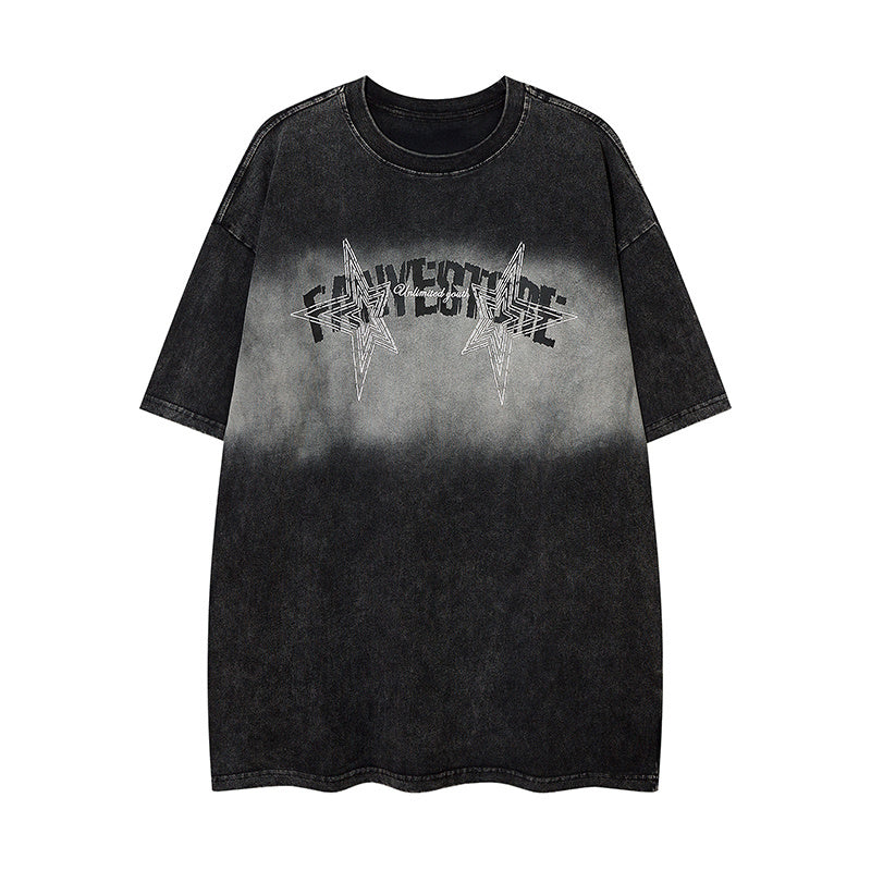 Cotton Star Pattern Round Neck Summer Trendy Streetwear Tee Loose Casual Short Sleeve High Quality Washed