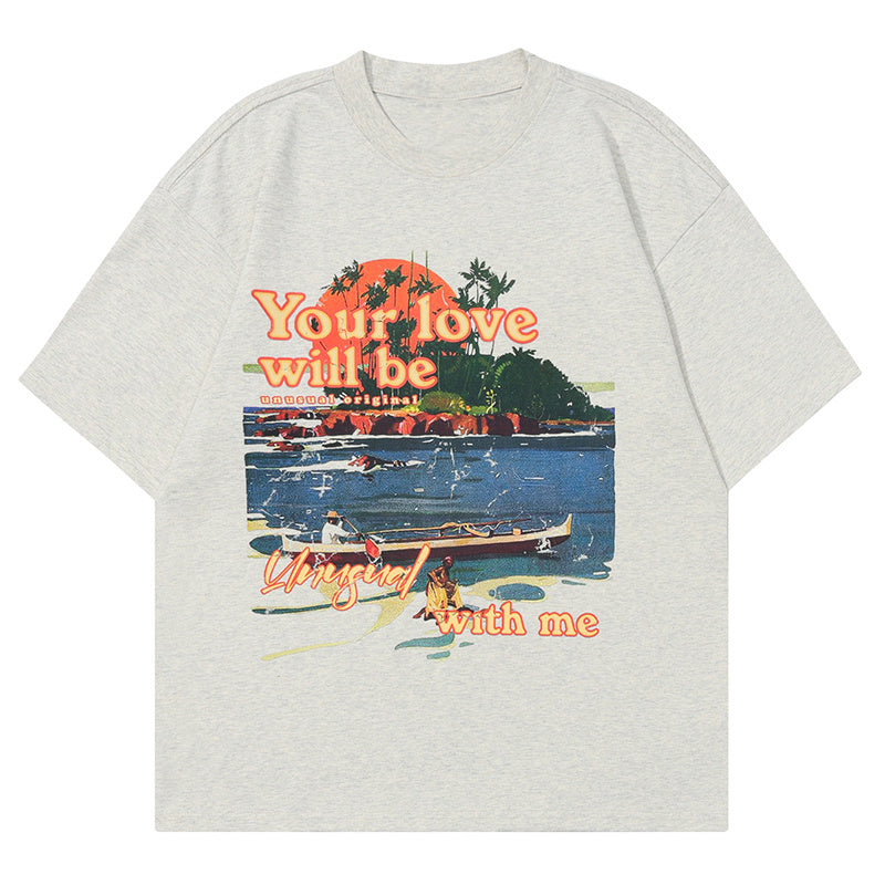 Beautiful Scenery Print T Shirt Loose Summer Streetwear Fashion Casual Top Short Sleeve Pure Cotton