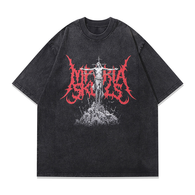Streetwear T Shirts Vintage Cotton Washed Loose Human Graphic Print Tee Short Sleeve Casual O Neck Summer Trendy