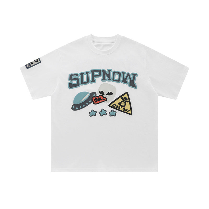 UFO Alien Graphic Print Oversize Tees Fashion T Shirt Pure Cotton Top Short Sleeve Loose Summer Casual Streetwear