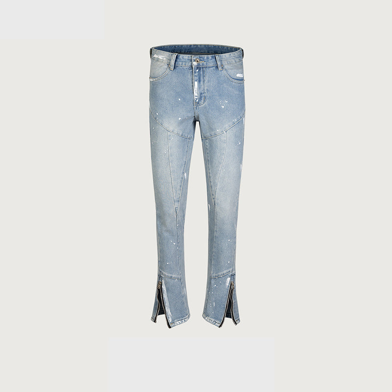 Men's And Women's Urban Wide-Leg Zipper Cuff Slim-Fit Trousers Men's And Women's Same-style Splash Paint White Jeans