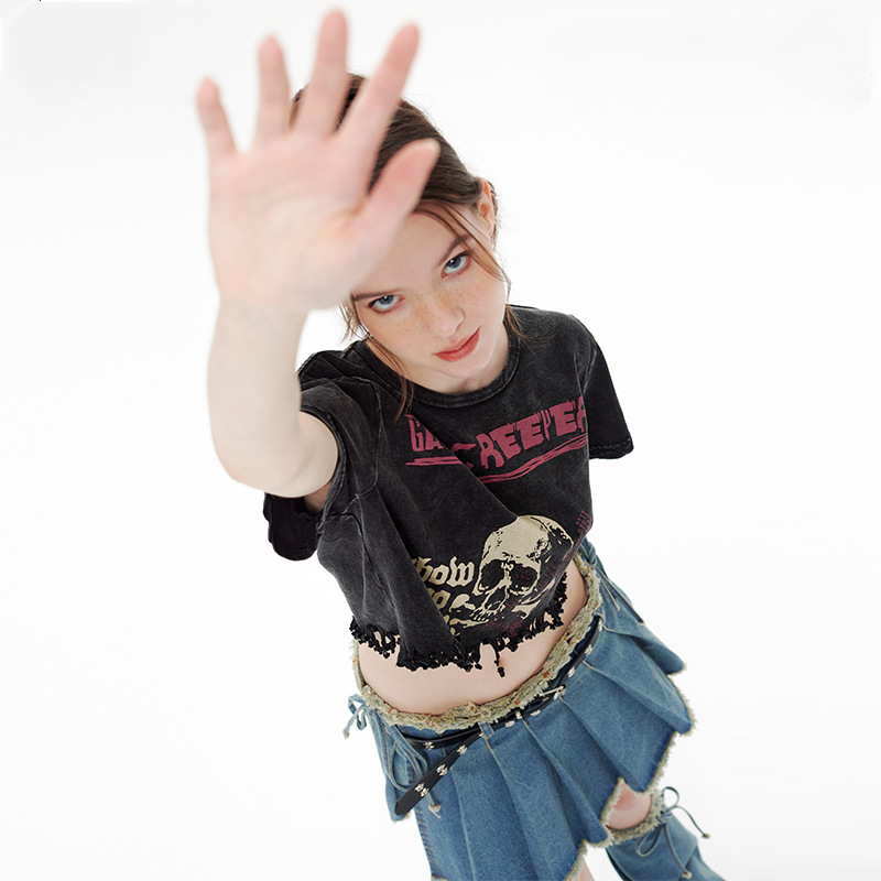 European And American Style Hip-Hop Hot Girls Short Top Wear-and-Wear High Street Short-Sleeve T-Shirt Women's Pure Cotton Summer