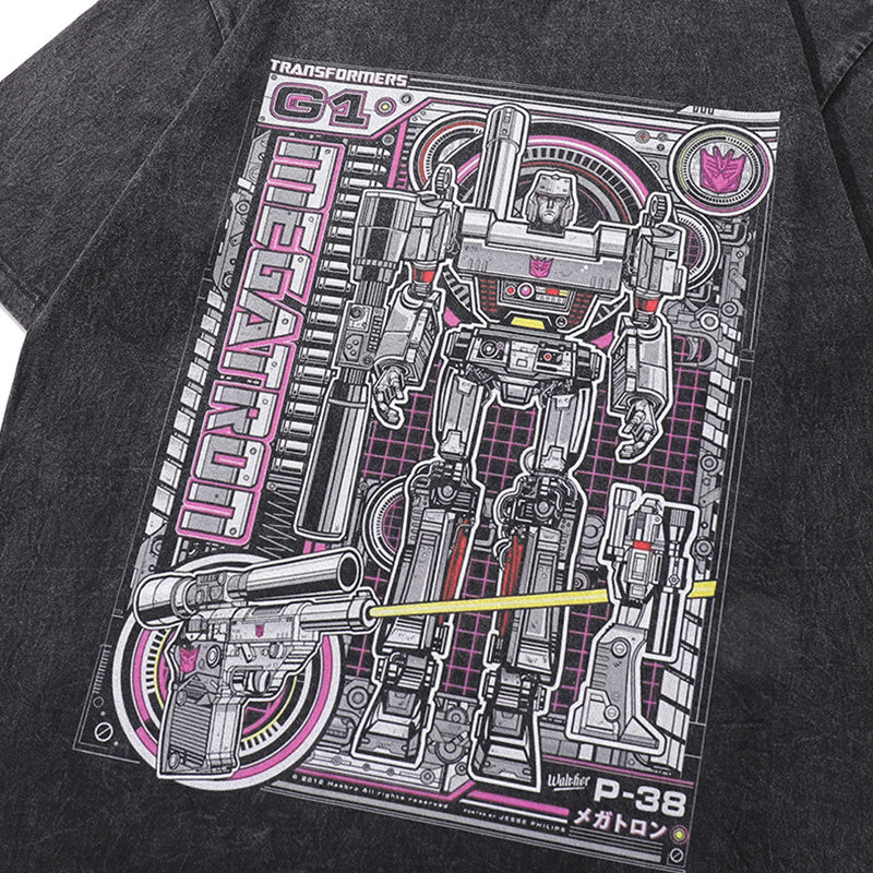 Vintage Washed T Shirts Loose Cotton Fashion Anime Robot Print Tee Casual Streetwear Short Sleeve Round Neck Summer