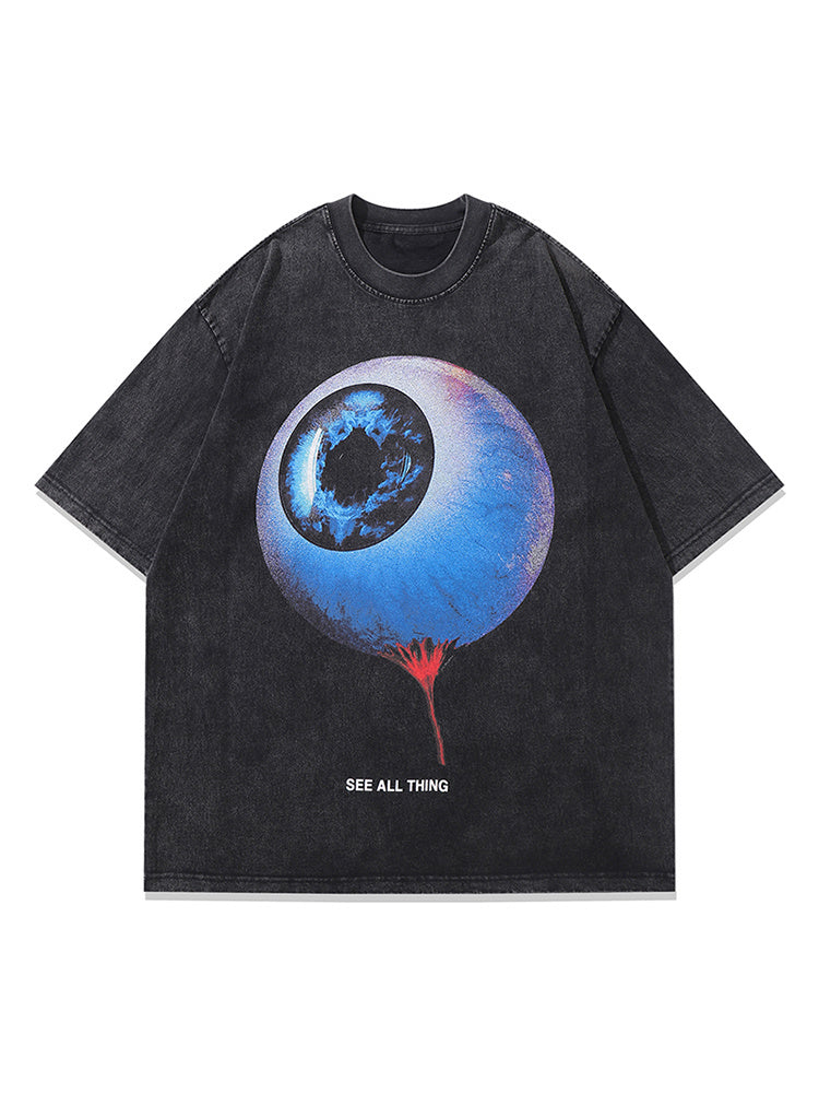 Streetwear T Shirts Vintage Cotton Washed Loose Big Eye Graphic Print Tee Short Sleeve Casual O Neck Summer Trendy