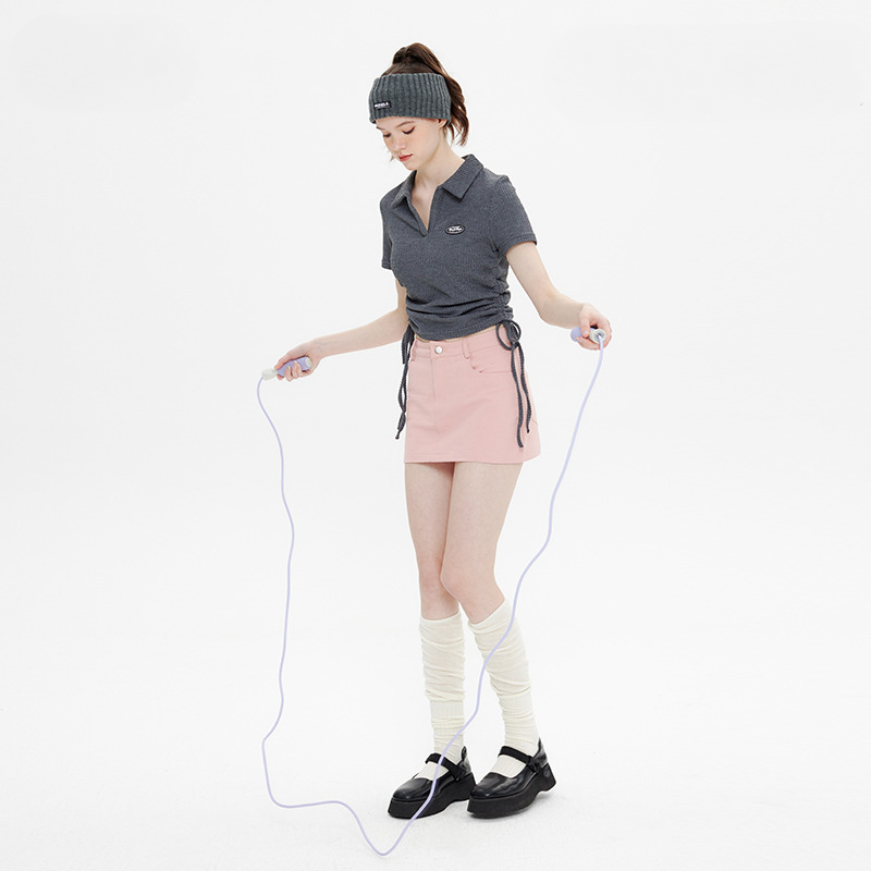 Age-reducing Korean Style College Style Polo Collar T-shirt Women's Summer Niche Drawstring Hot Girl Short Top Trendy