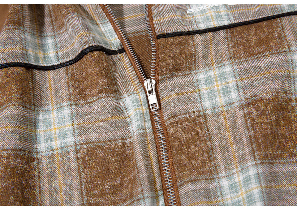 Patchwork Plaid Polo Color Contrast Paneled Streetwear Short Sleeve Summer Casual Fashion Lapel Zipper