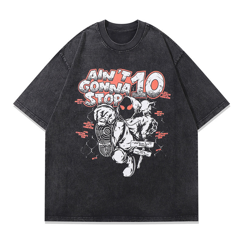 Vintage T Shirts Cotton Washed Loose Trendy Angry Men Print Tee Streetwear Round Neck Summer Short Sleeve Casual
