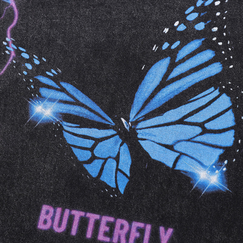 Streetwear T Shirts Vintage Cotton Washed Loose Butterfly Graphic Print Tee Short Sleeve Casual O Neck Summer Trendy