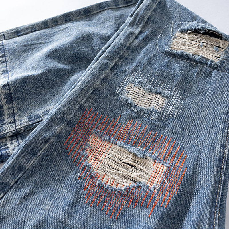 Men's And Women's Micro Trousers Men's And Women's Patch Ripped Washed Old Cat's Broad Jeans Trendy