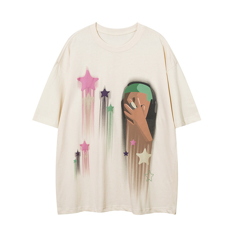Streetwear Star Graphic Print T Shirt Short Sleeve Round Neck Summer Cotton Loose Casual Fashion Tee Simple