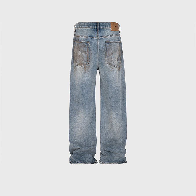 Men's Clothing Women's High Street Splash Paint Hand-painted Trousers Men's And Women's Same Style Washed Old Straight Wide-legged Blue Jeans
