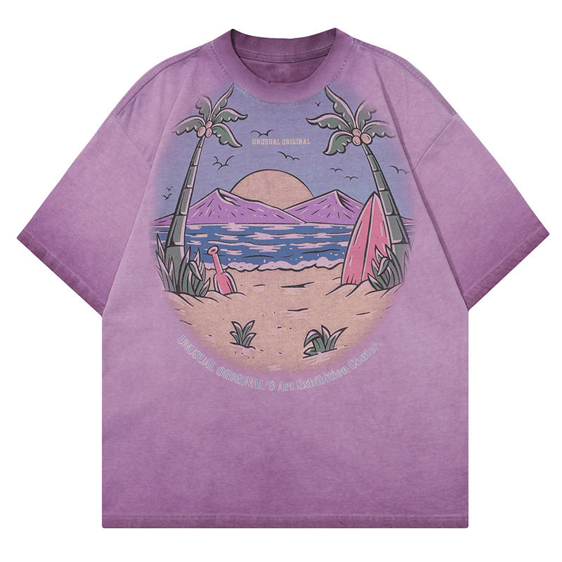 Retro Beach Print T Shirt Oversize Tees Fashion Casual Top Short Sleeve Streetwear Pure Cotton Loose Summer