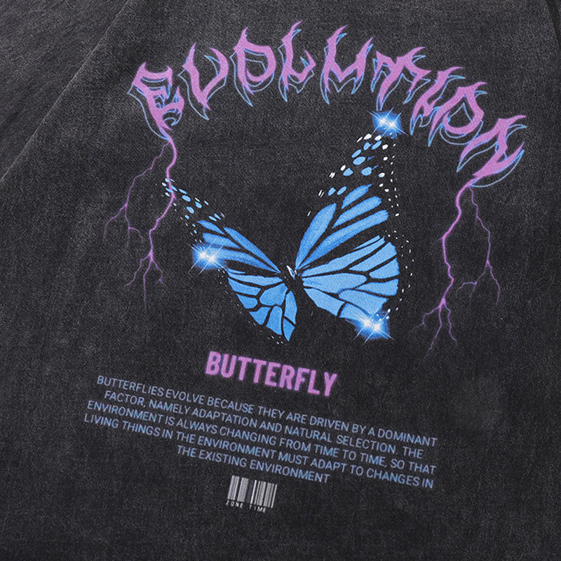Streetwear T Shirts Vintage Cotton Washed Loose Butterfly Graphic Print Tee Short Sleeve Casual O Neck Summer Trendy