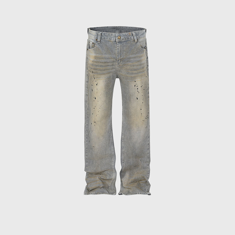 Men's And Women's Splash Ink Embellishment Design Trousers Men's And Women's Same Style Wash Water Old High Street Straight Gray Jeans