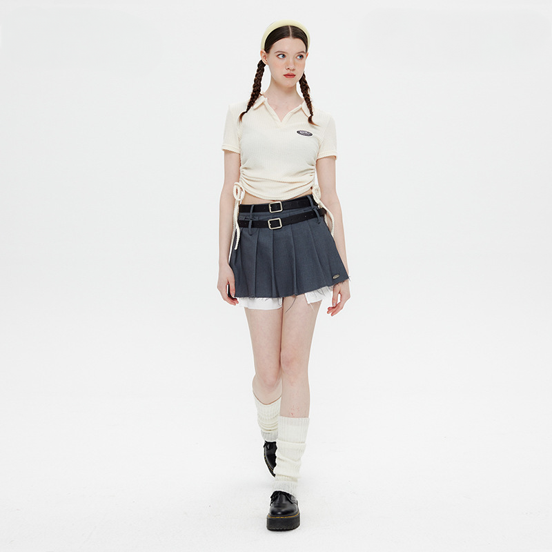 Age-reducing Korean Style College Style Polo Collar T-shirt Women's Summer Niche Drawstring Hot Girl Short Top Trendy