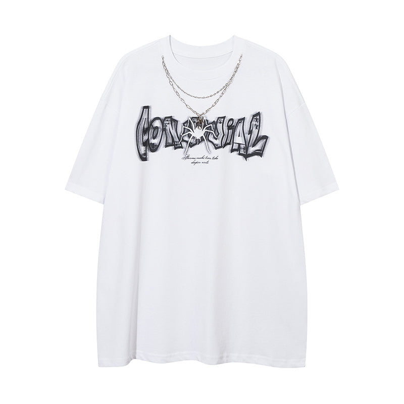 Spider Pattern Cotton Crew Neck Fashion Streetwear Tee Casual Oversize High Quality Simple Short Sleeve Summer Chain