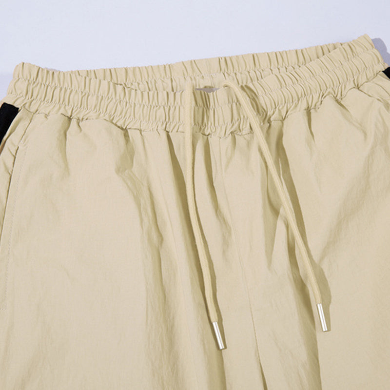 Color Contrast Pants Paneled Drawstring Elastic Waist Loose Wide Leg Trousers Front Pocket Comfortable Autumn