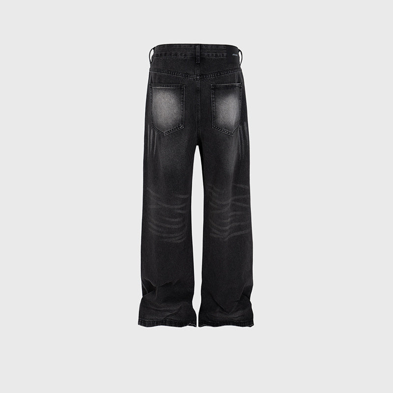 Men's Women's Wash-up Laser Textured Pants Unisex Straight Slim High Street Trendy Jeans