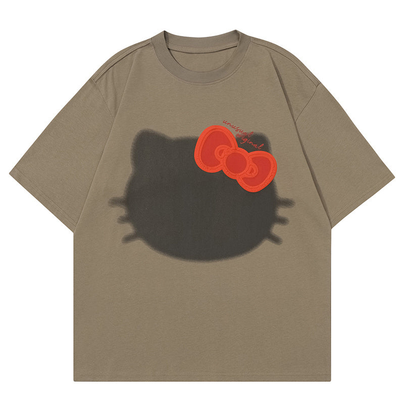 Cartoon Cat Print T Shirt Short Sleeve Pure Cotton Loose Summer Streetwear Oversize Tees Fashion Casual Top