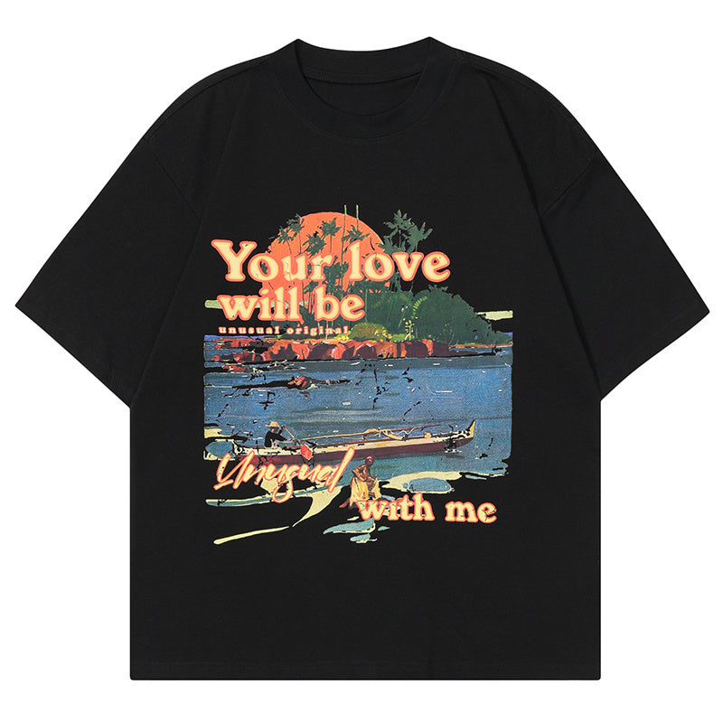 Beautiful Scenery Print T Shirt Loose Summer Streetwear Fashion Casual Top Short Sleeve Pure Cotton