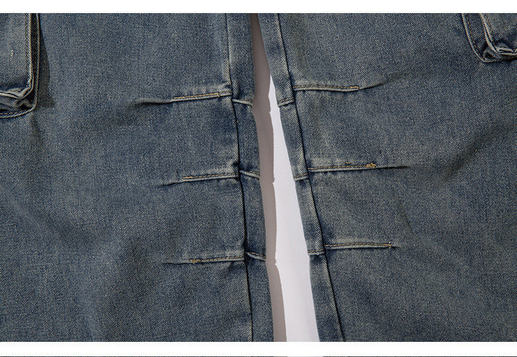 American Style Retro Puppies Handsome Hip-Hop Multi-Pocket Overalls Trendy Loose Straight-Leg Jeans For Men And Women